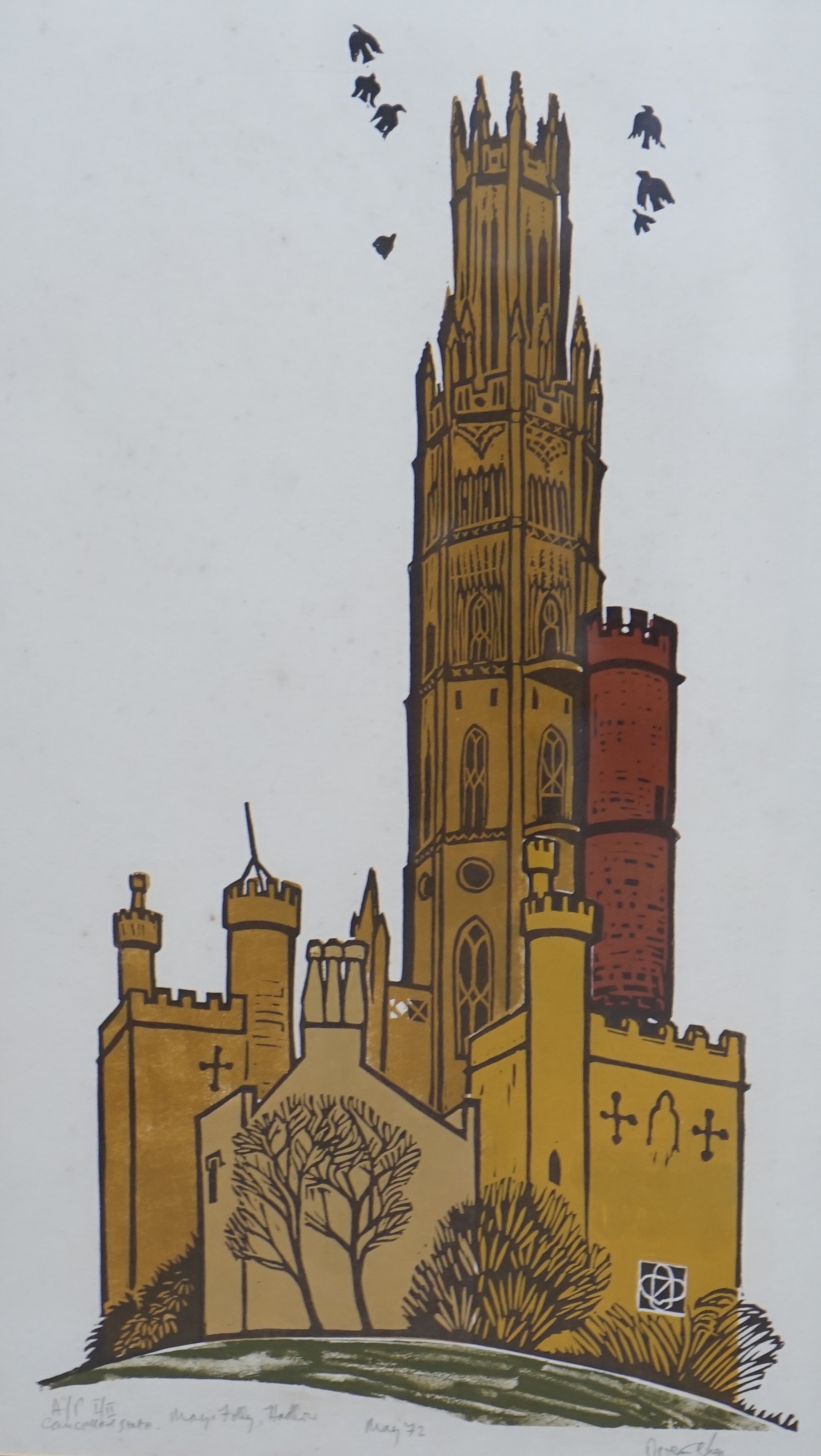 Artist's proof colour lino-cut, ‘Mays Folly, Hadlow’, edition I/II cancelled state, May '72, indistinctly signed Owen?, 56 x 31cm. Condition - good